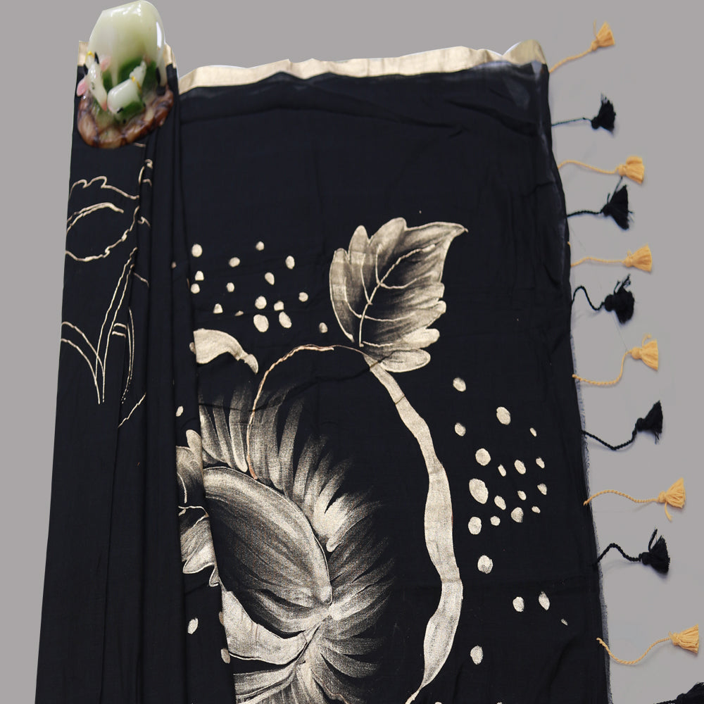 Silk saree, Color - black and floral gold