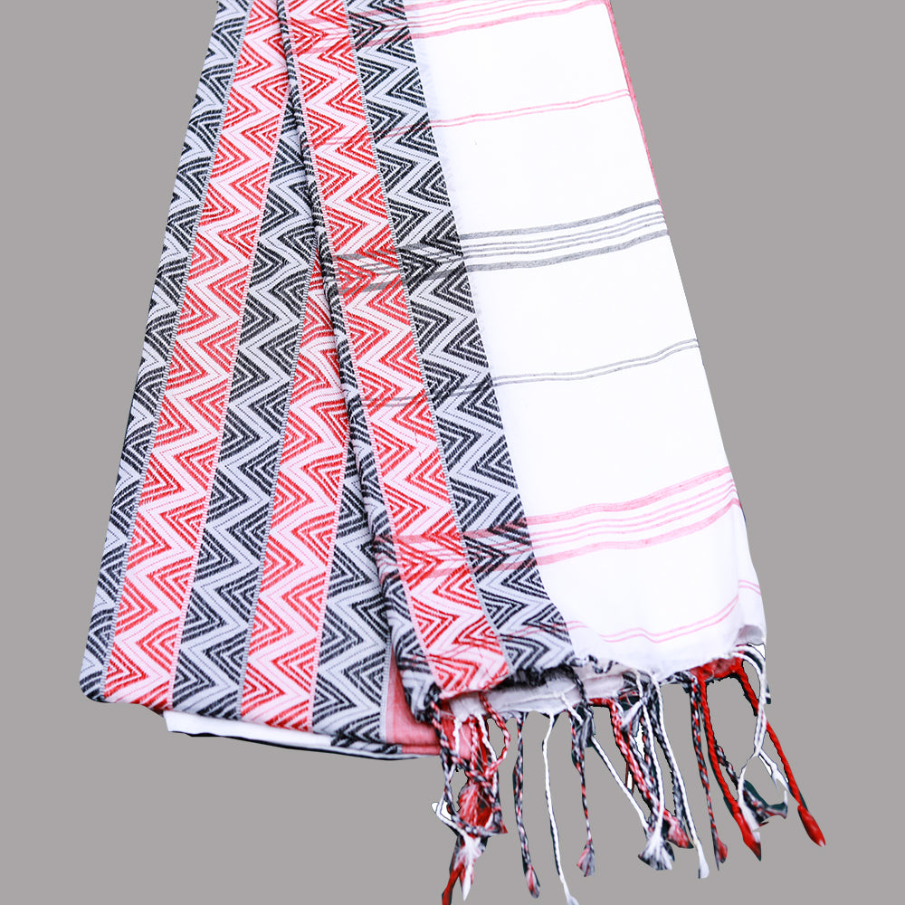 Elegant White Saree with Red & Black Triangle Print β Shop Now
