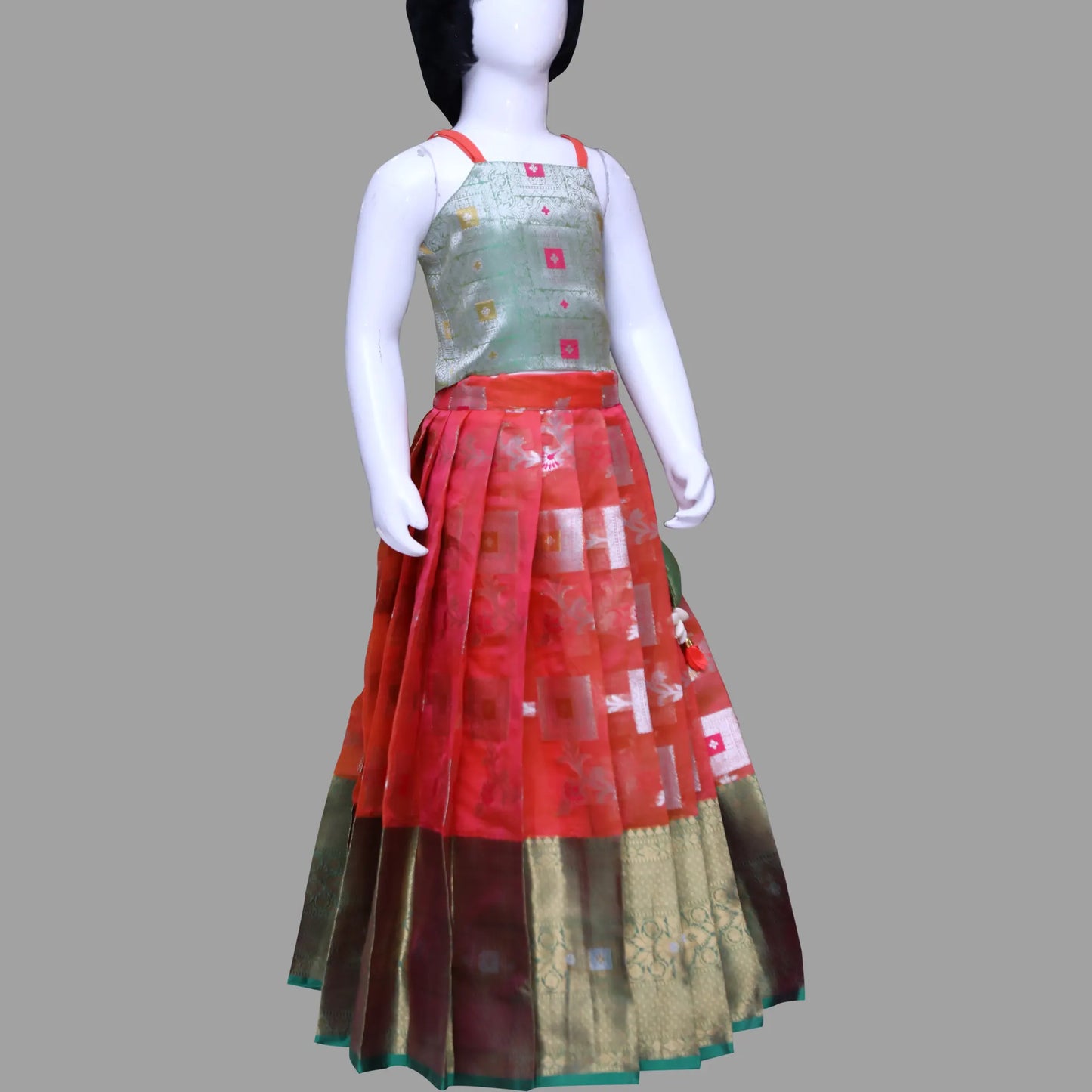 Rust Orange Pattu 3 Piece Set Dress For Girls | Pattu Pavadai