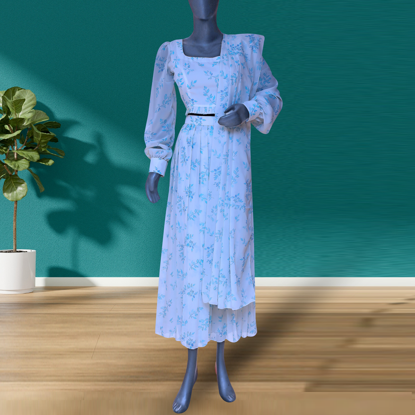 white and sky blue floral printed crop top with skirt - set of two