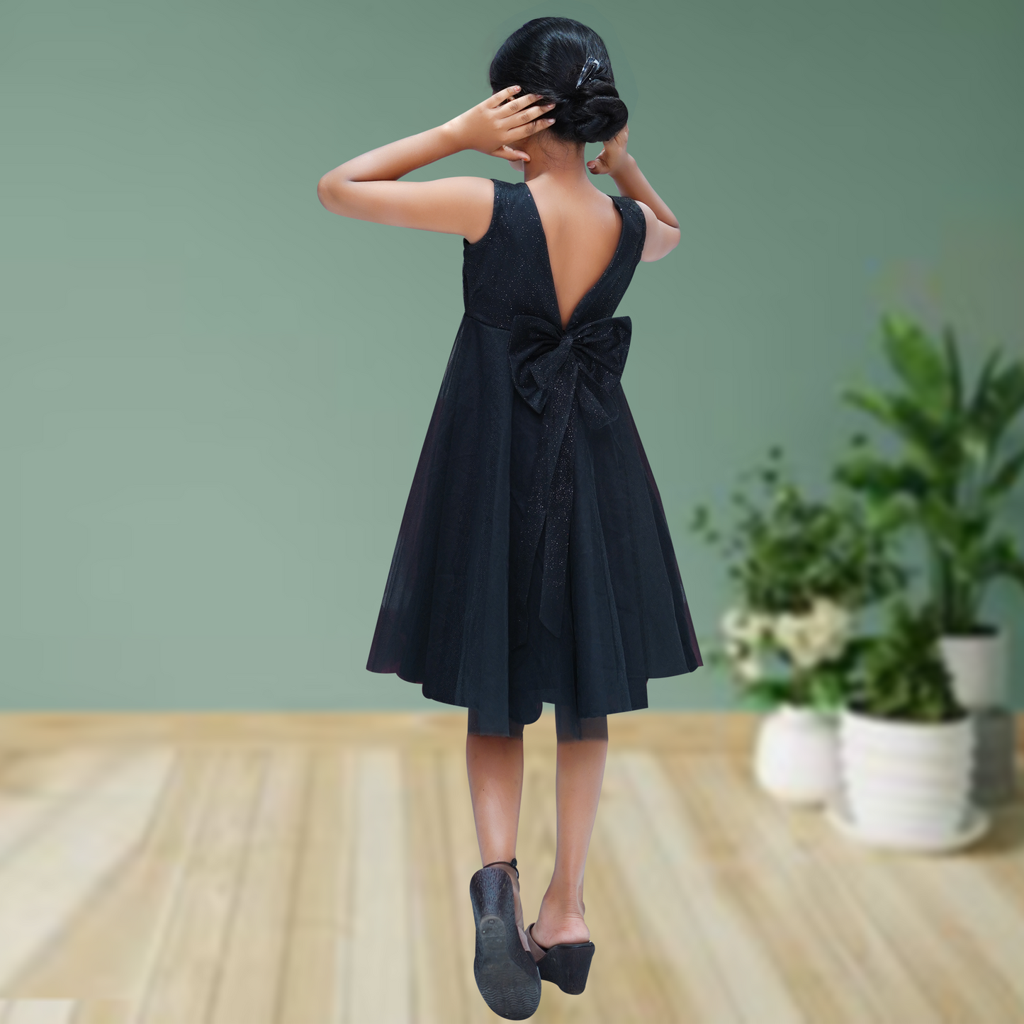 Girls Black Sleeveless Midi Party Dress | Elegant & Comfortable