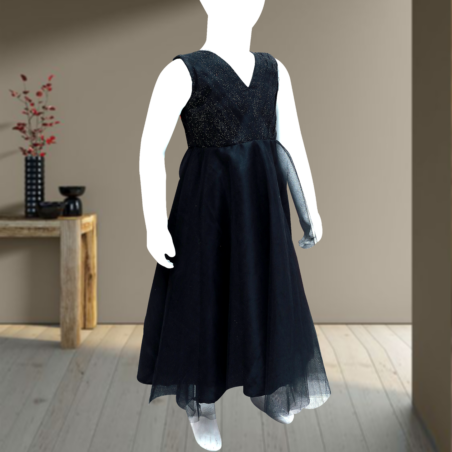 Girls Midi/Knee Length Festive/Wedding Dress (Black, Sleeveless)