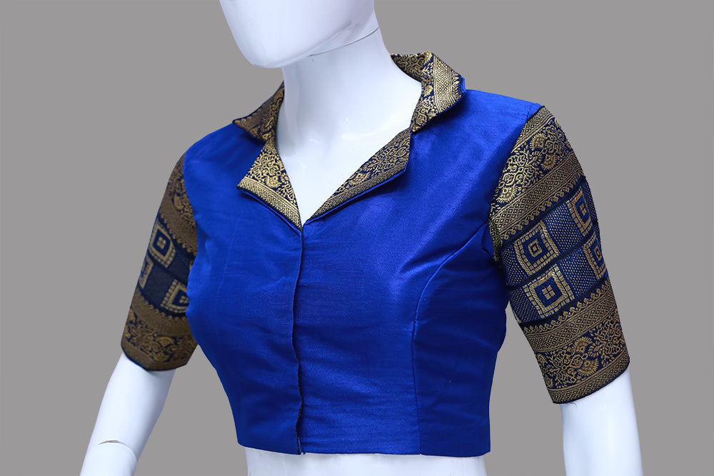 Women's Blue Collared Neck Pattu Blouse | S3B1174