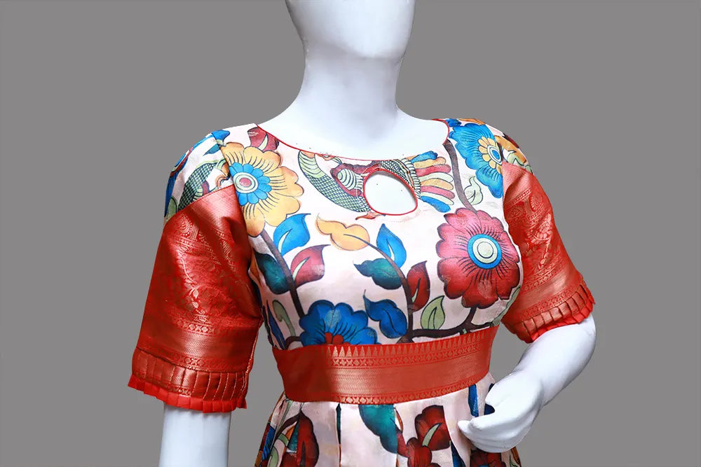 White & Orange Printed Soft Cotton Weaving Frock | Cotton Weaving Frock