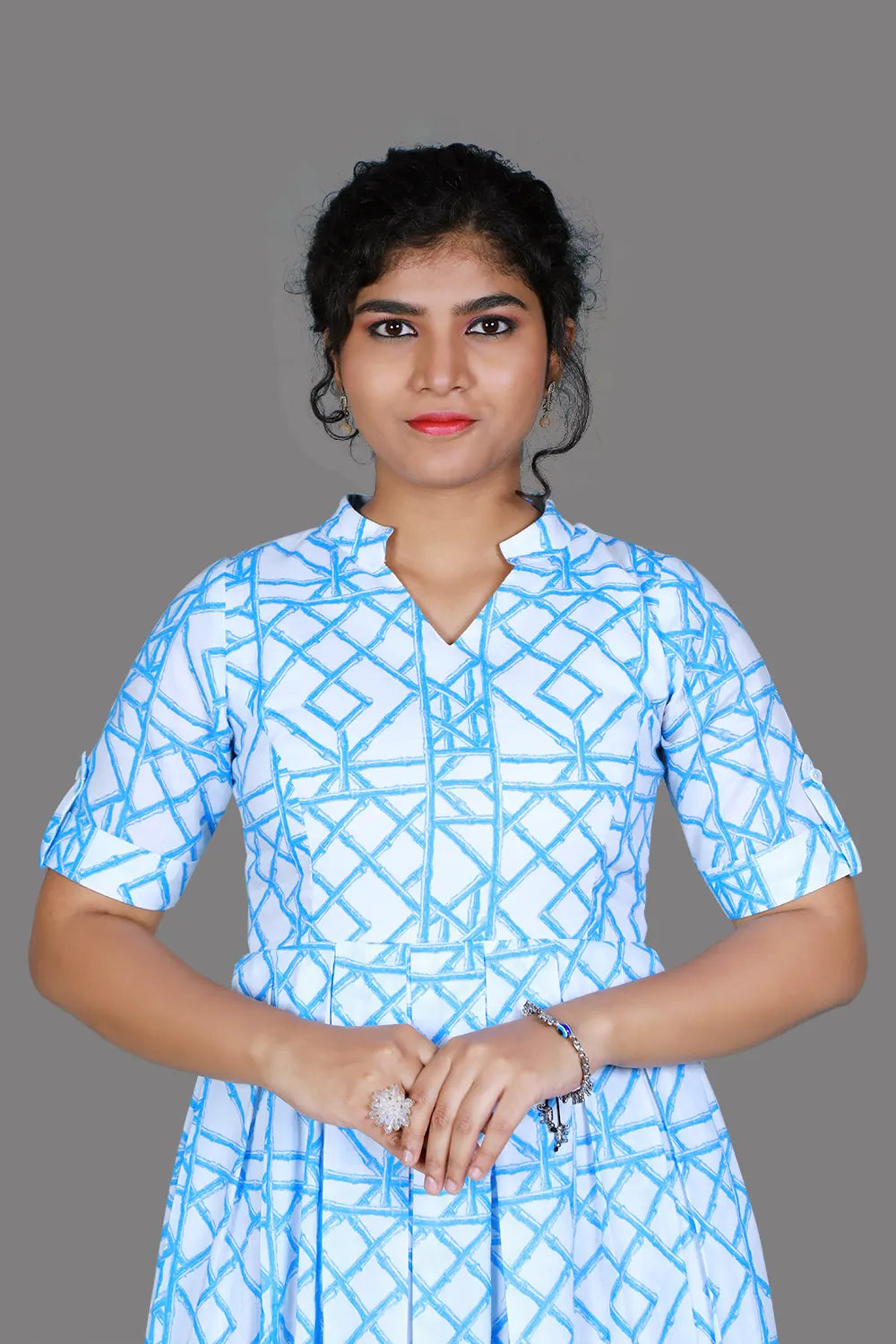 White Printed Mandarin Collar Neck Gown | S3G1244