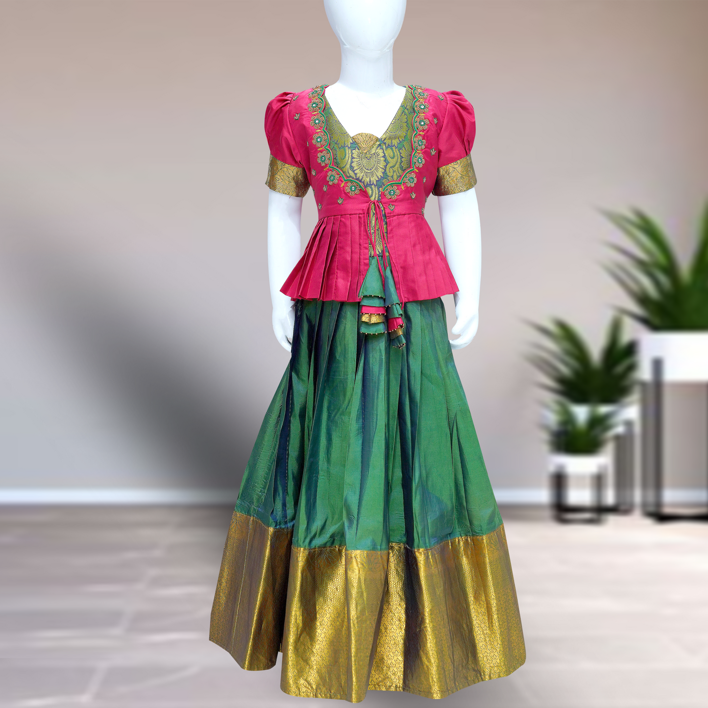 Sisters combo Traditional Silk Pattu Pavadai Set β Green & Gold with Designer Blouse