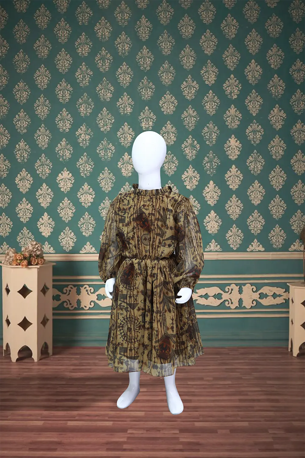Olive Green Printed Georgette Midi Dress.