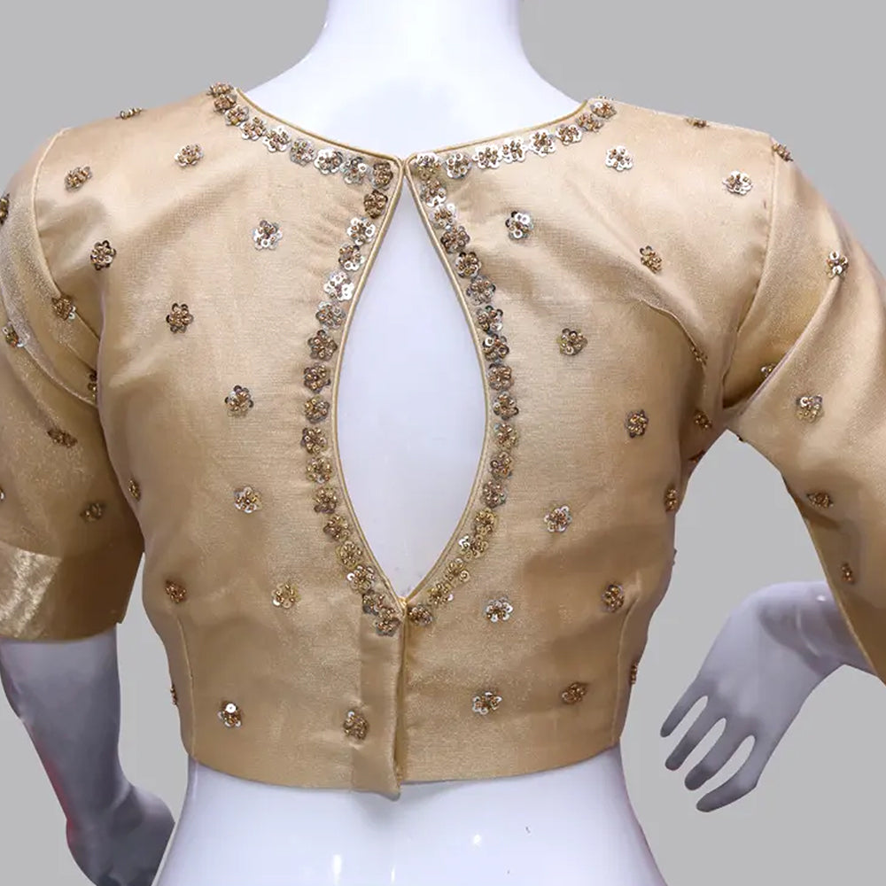 High Neck Backopen Sequence Maggam Work- Beige Netted Blouse | Keyhole Neckline