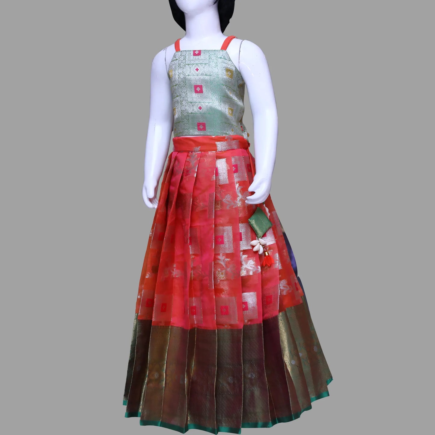 Rust Orange Pattu 3 Piece Set Dress For Girls | Pattu Pavadai