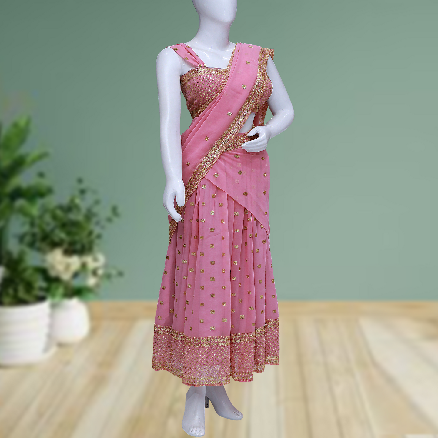 Pink Tissue Silk Sangeet Lehenga with Sequins Embroidery & Sleeveless Blouse