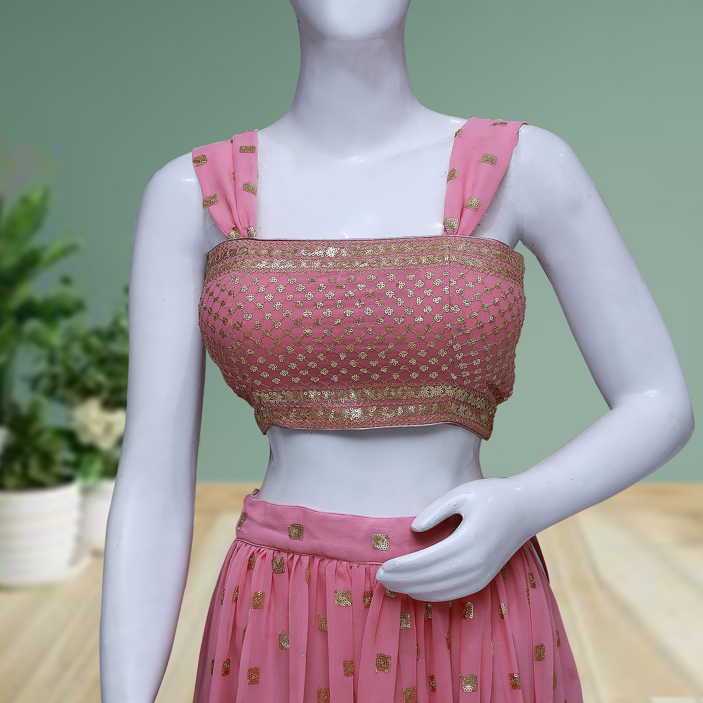 Pink Tissue Silk Sangeet Lehenga with Sequins Embroidery & Sleeveless Blouse