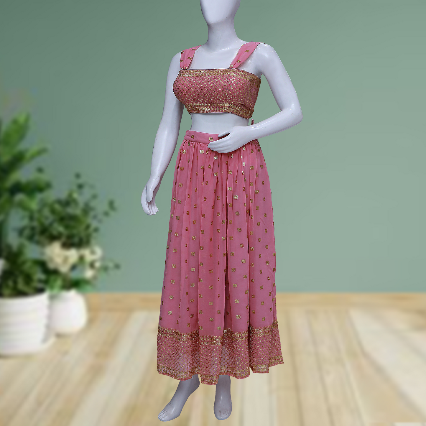 Pink Tissue Silk Sangeet Lehenga with Sequins Embroidery & Sleeveless Blouse