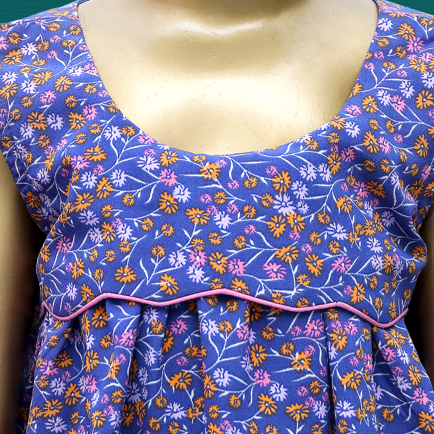 Blue floral print round neck baby girl dress