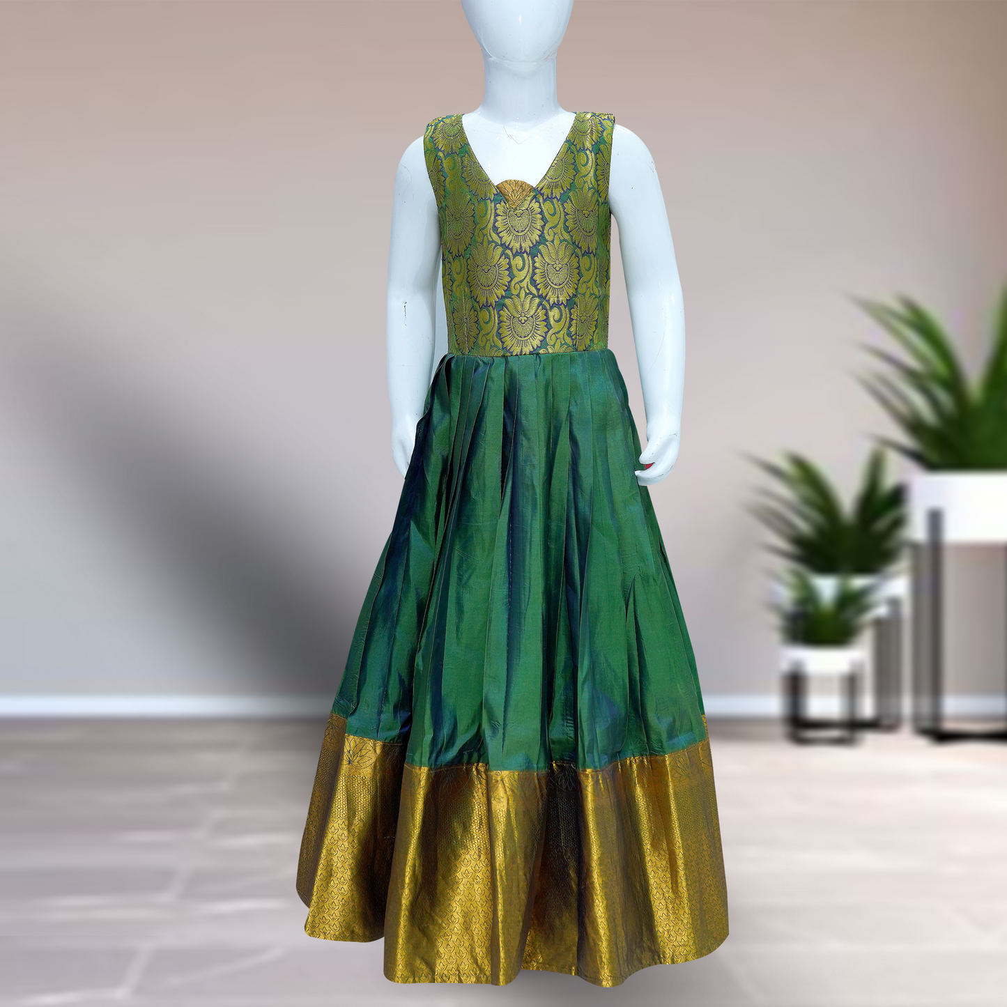 Sisters combo Traditional Silk Pattu Pavadai Set β Green & Gold with Designer Blouse
