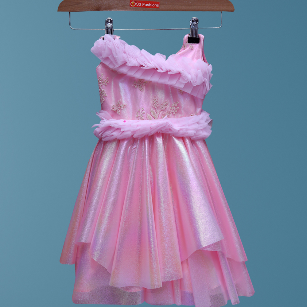 Baby Pink Embellished Flare Party Dress