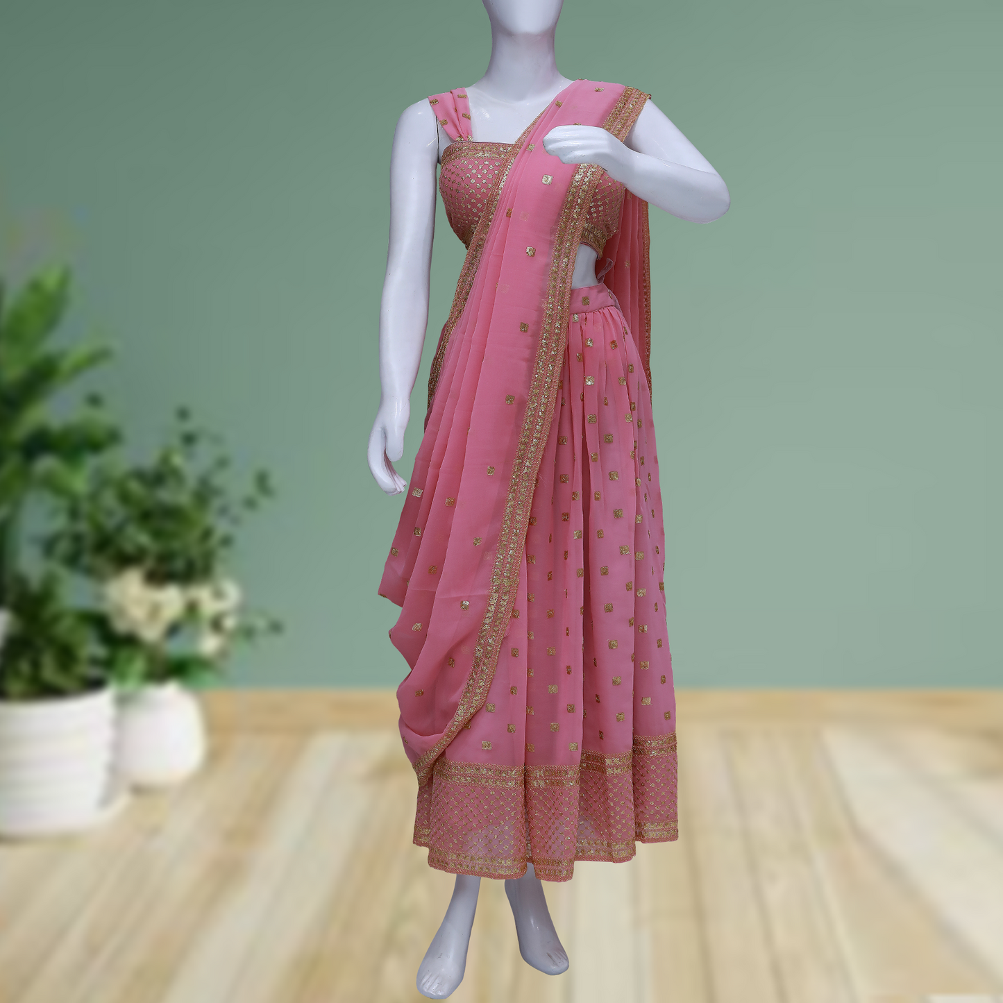 Pink Tissue Silk Sangeet Lehenga with Sequins Embroidery & Sleeveless Blouse