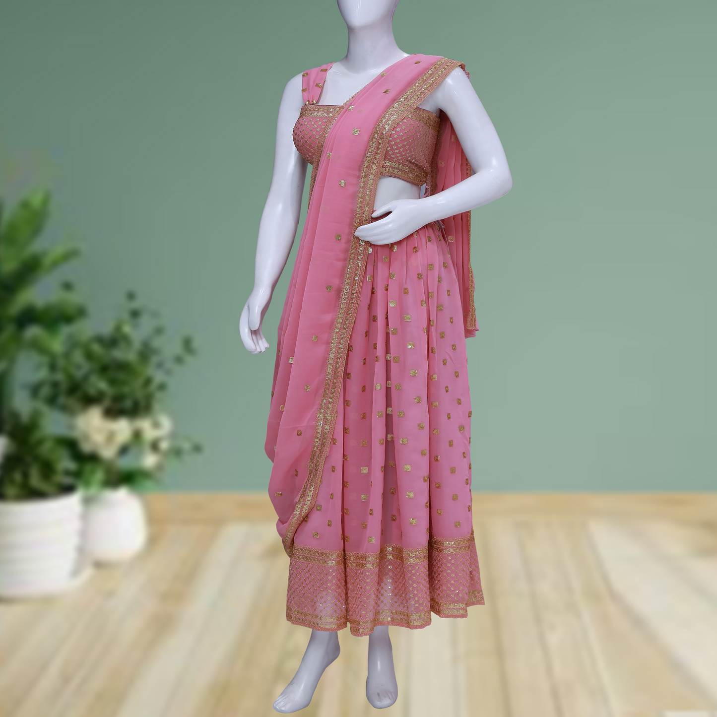 Pink Tissue Silk Sangeet Lehenga with Sequins Embroidery & Sleeveless Blouse