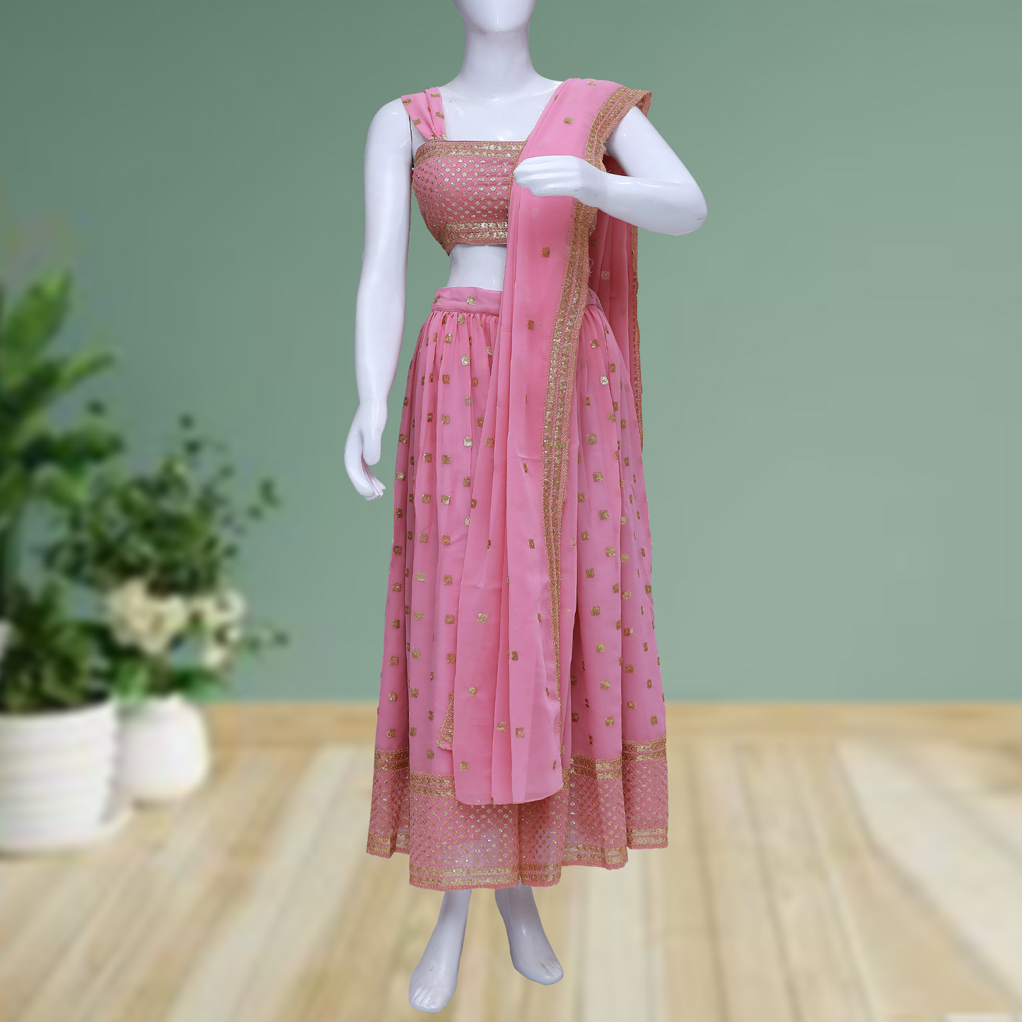 Pink Tissue Silk Sangeet Lehenga with Sequins Embroidery & Sleeveless Blouse