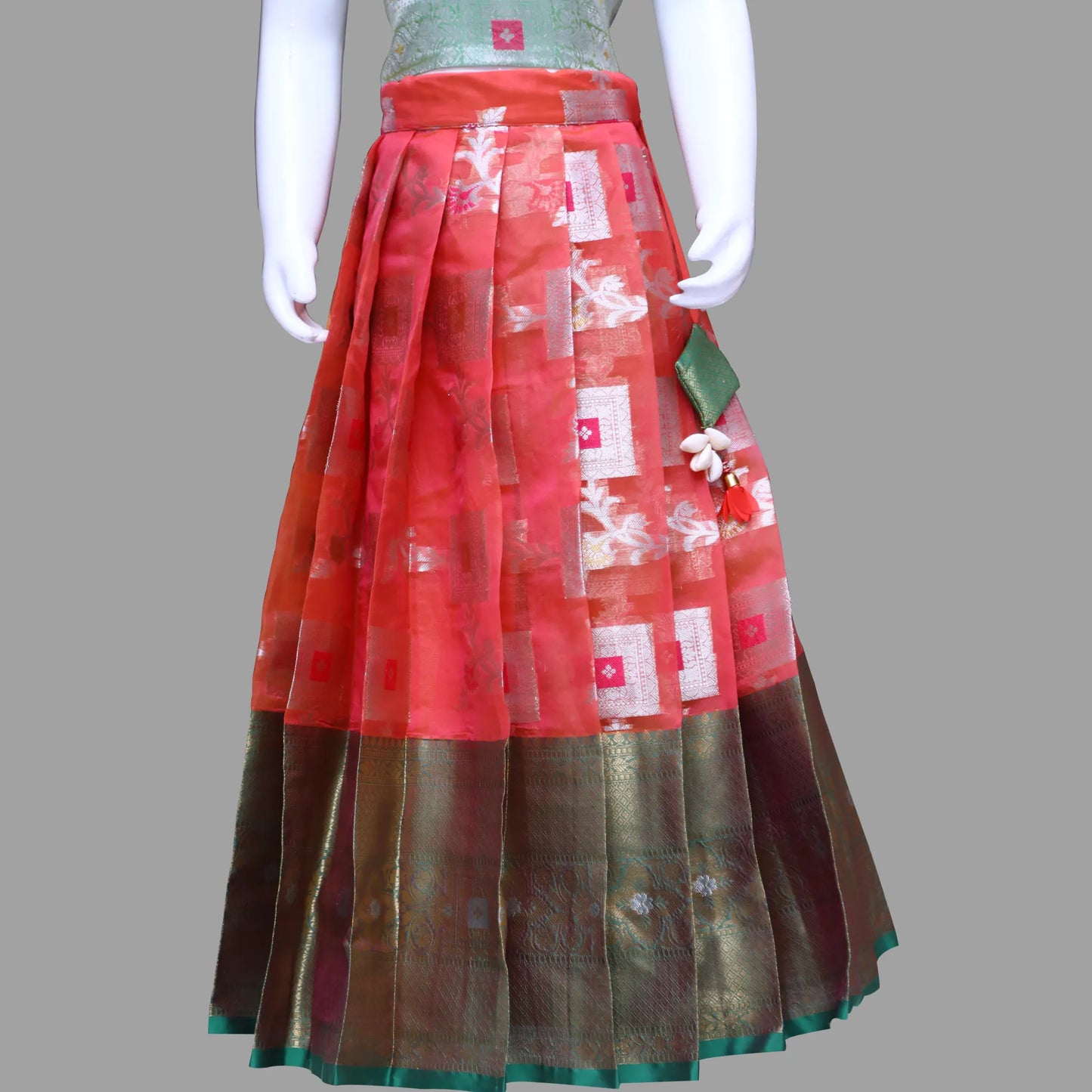 Rust Orange Pattu 3 Piece Set Dress For Girls | Pattu Pavadai