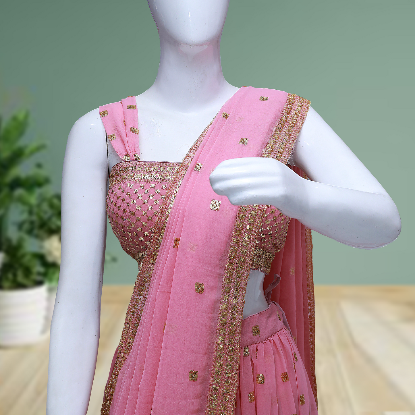Pink Tissue Silk Sangeet Lehenga with Sequins Embroidery & Sleeveless Blouse
