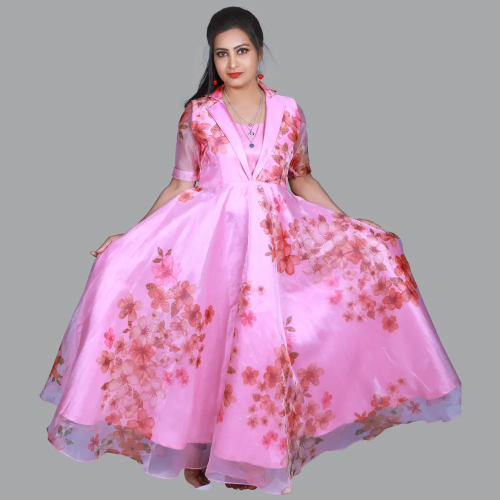 Organza Blazer Collar Neck Gown S3G1130