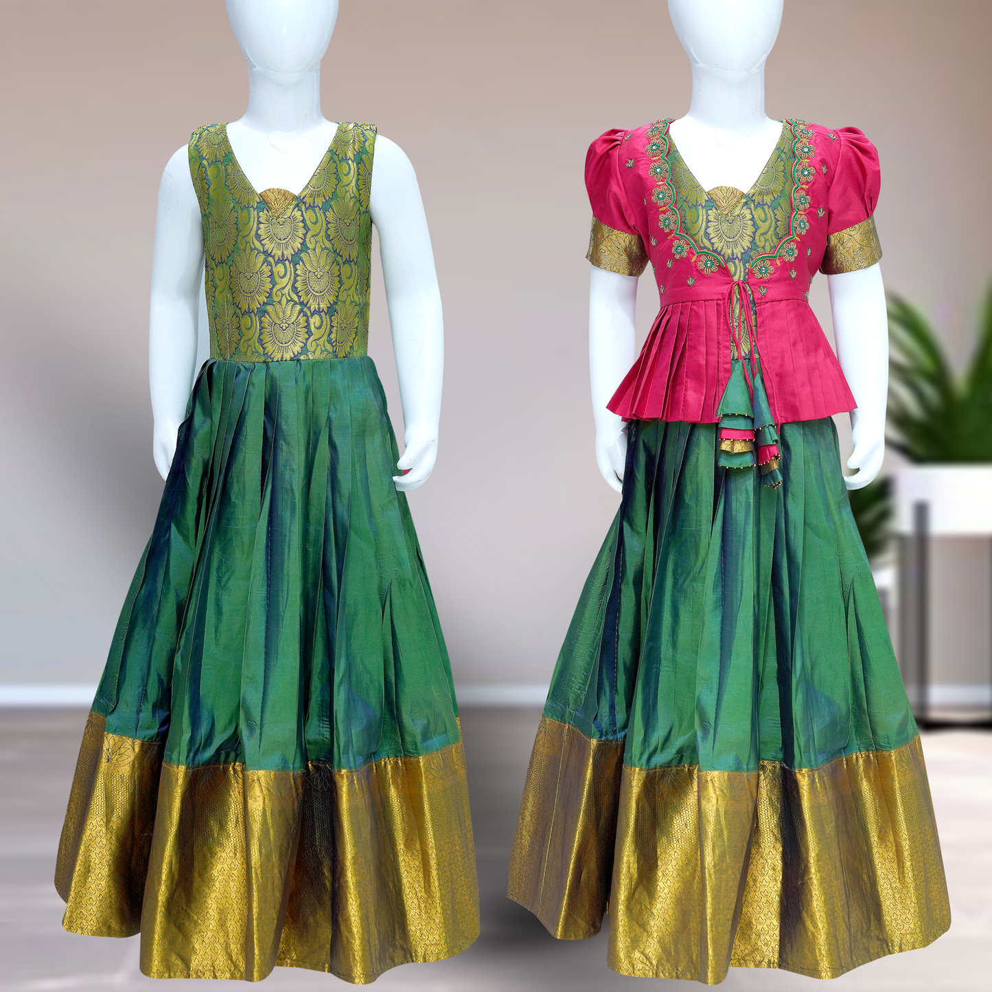 Sisters combo Traditional Silk Pattu Pavadai Set β Green & Gold with Designer Blouse