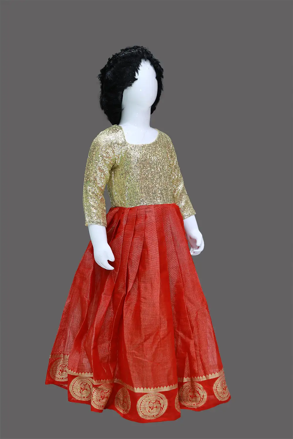 Gold & Red Pattu Baby Girl Dress | Gold & Red