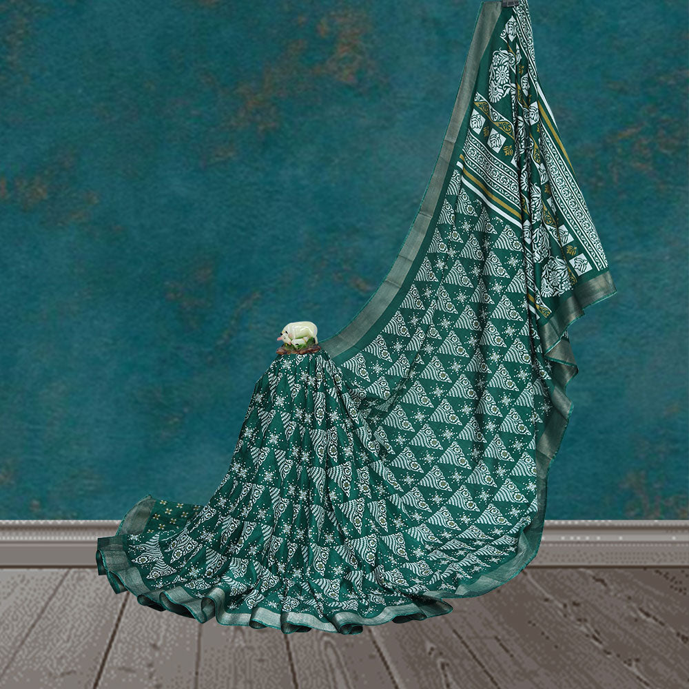 Dark green cotton hand block printed saree.