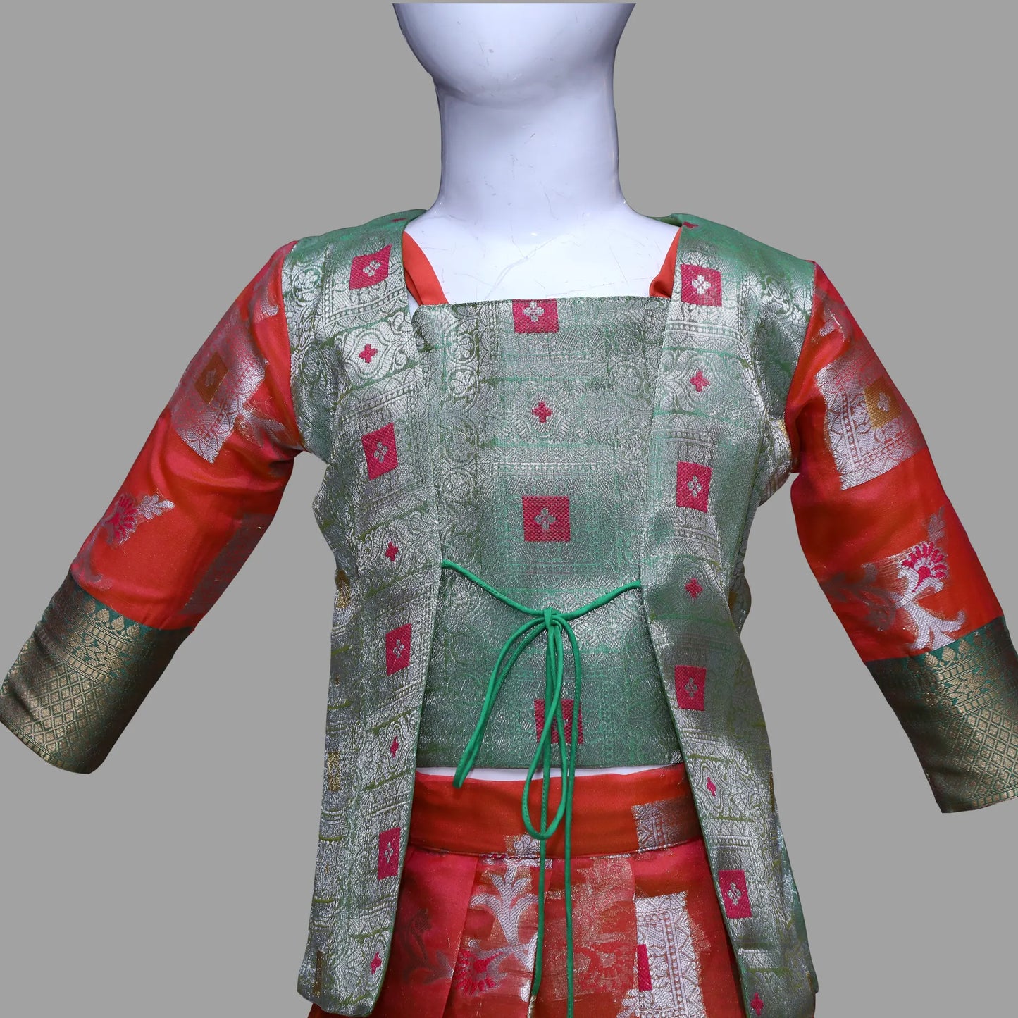 Rust Orange Pattu 3 Piece Set Dress For Girls | Pattu Pavadai