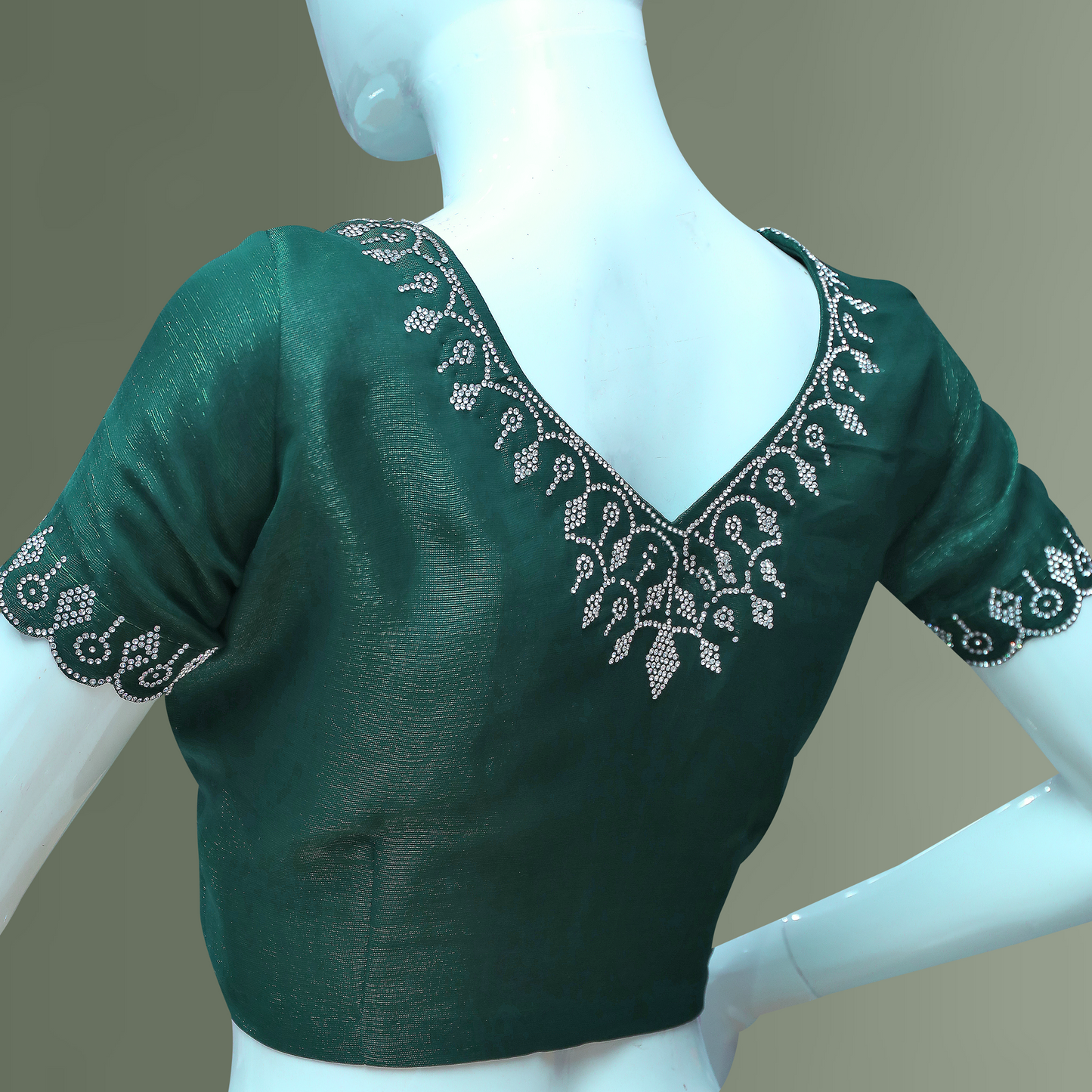 bottle green raw silk Maggam Work Blous