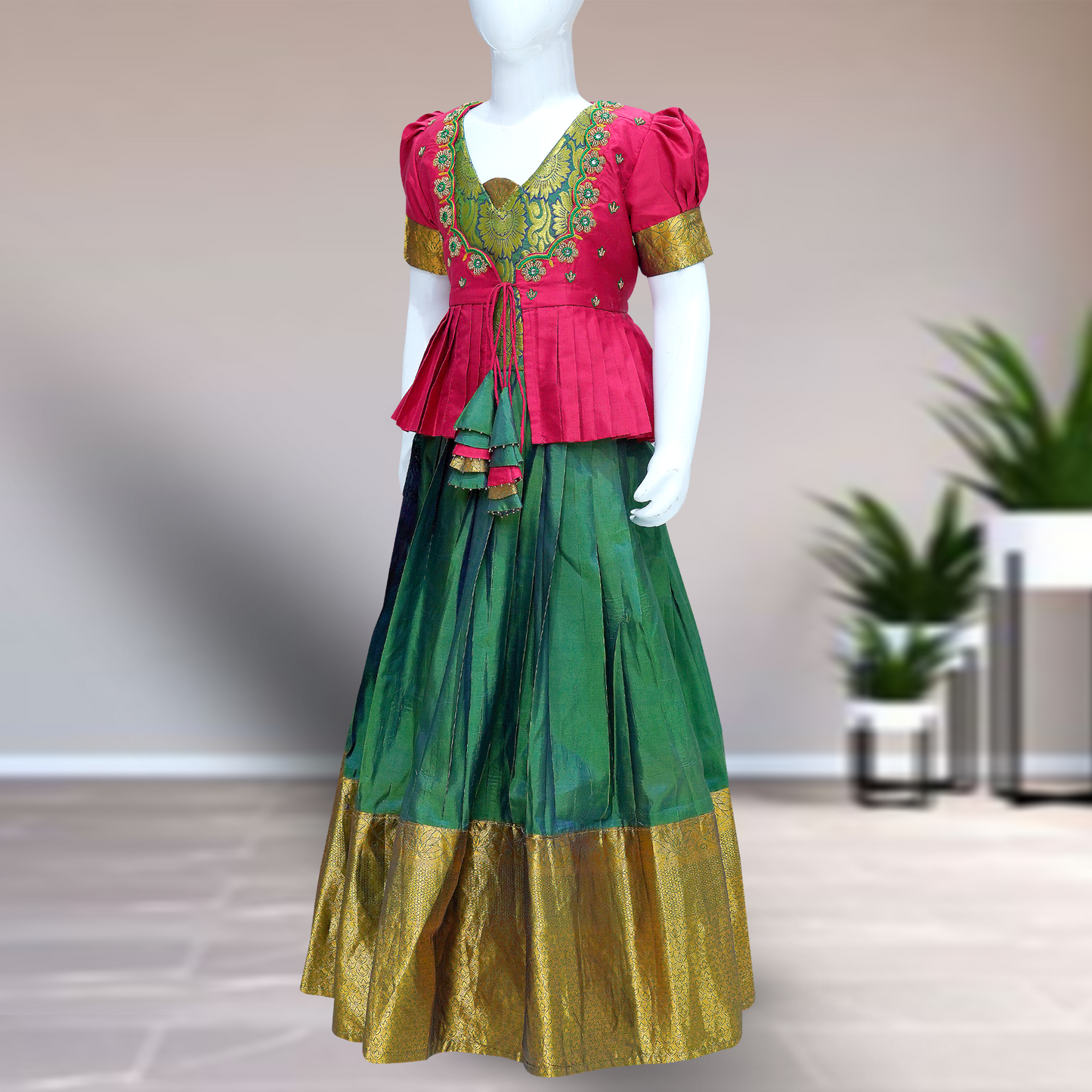 Sisters combo Traditional Silk Pattu Pavadai Set β Green & Gold with Designer Blouse