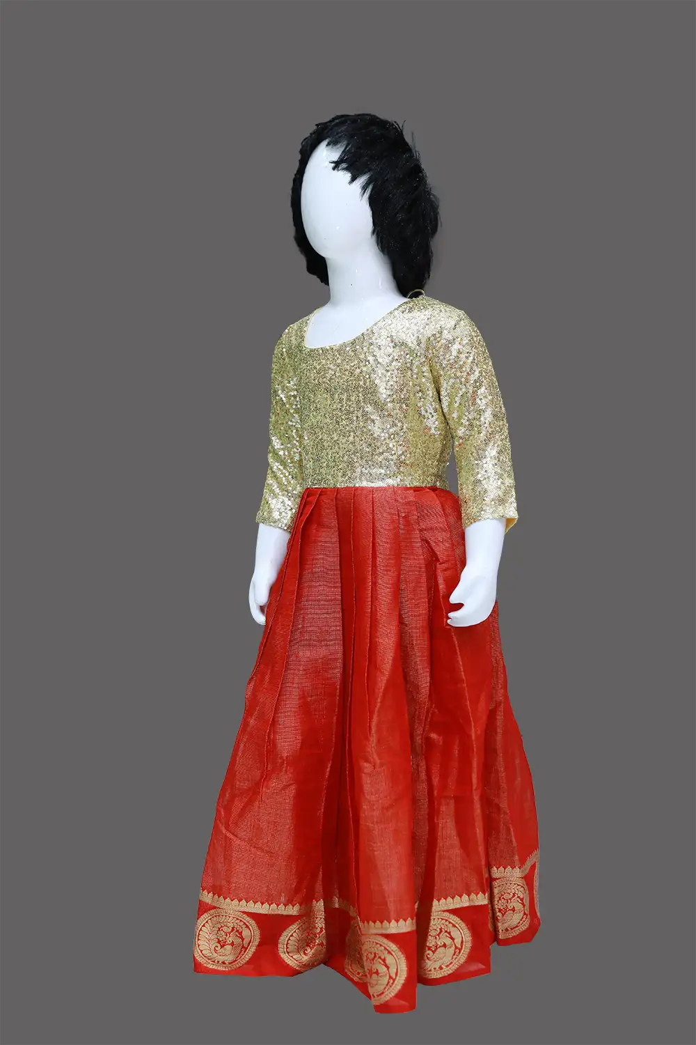 Gold & Red Pattu Baby Girl Dress | Gold & Red