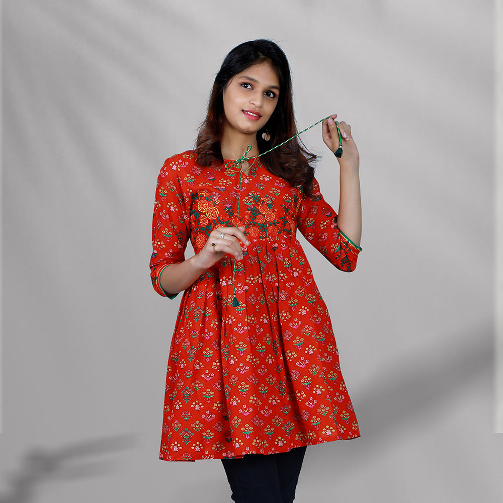Orange Printed Short Kurti