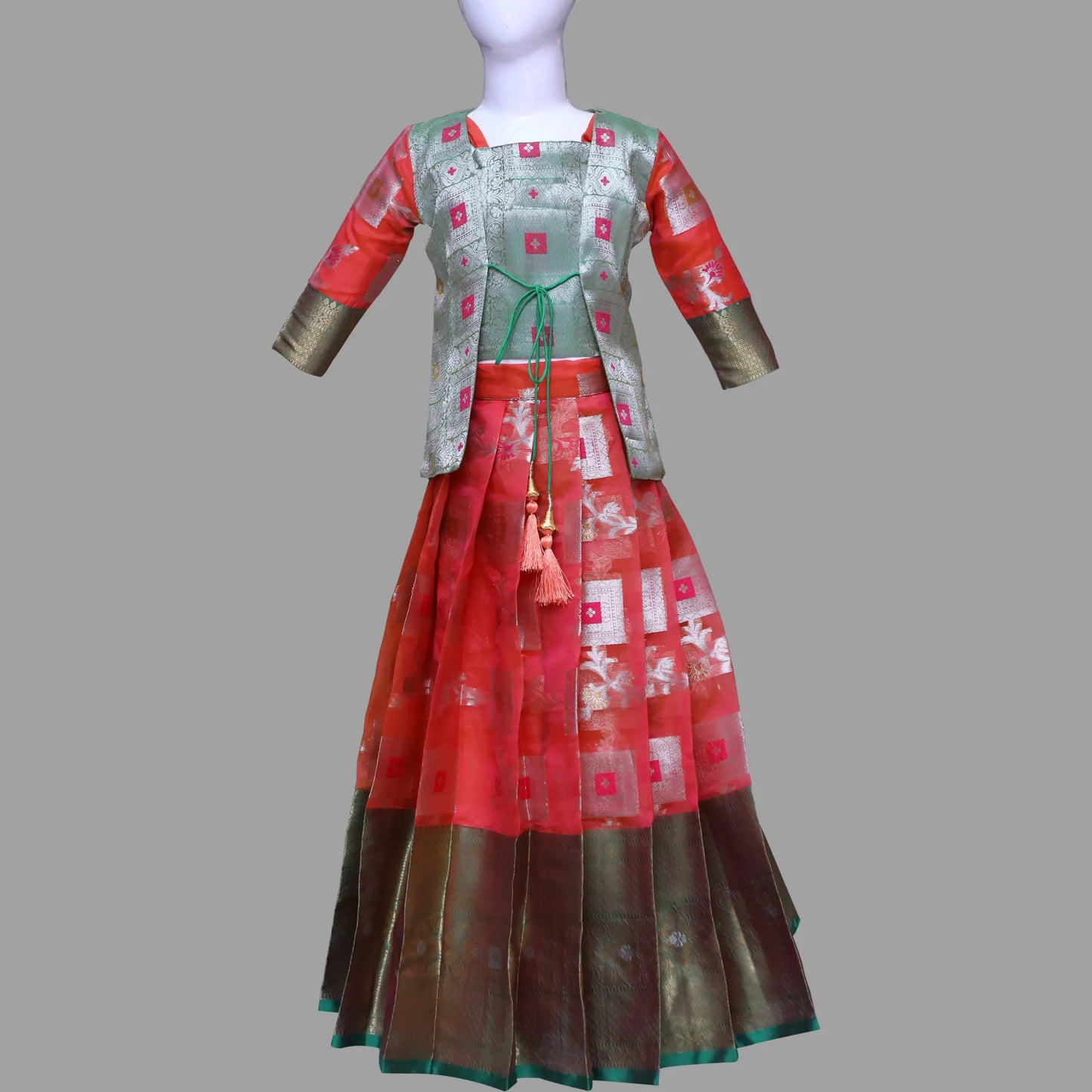 Rust Orange Pattu 3 Piece Set Dress For Girls | Pattu Pavadai