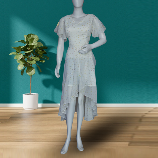 white, high-low dress with short, flutter sleeves and a subtle floral pattern