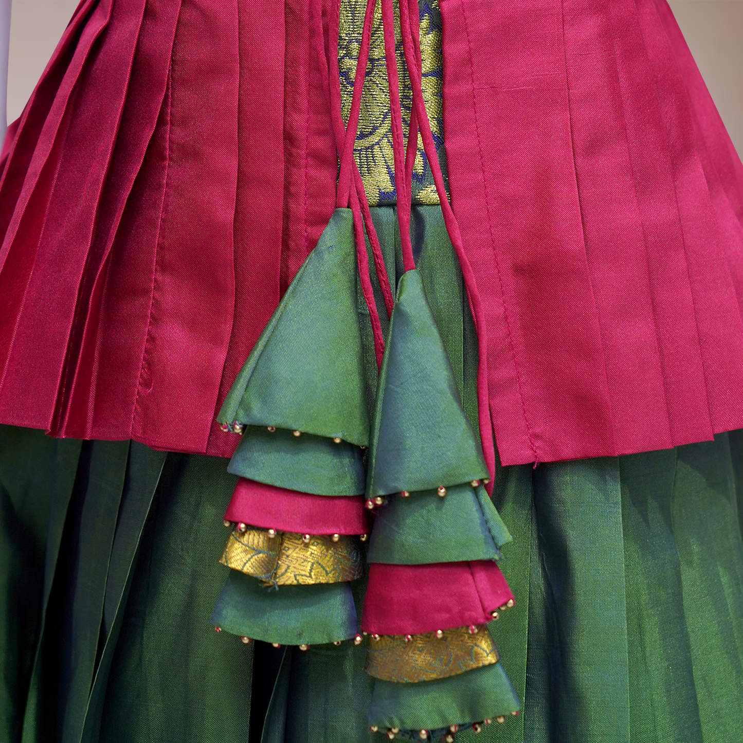 Sisters combo Traditional Silk Pattu Pavadai Set β Green & Gold with Designer Blouse