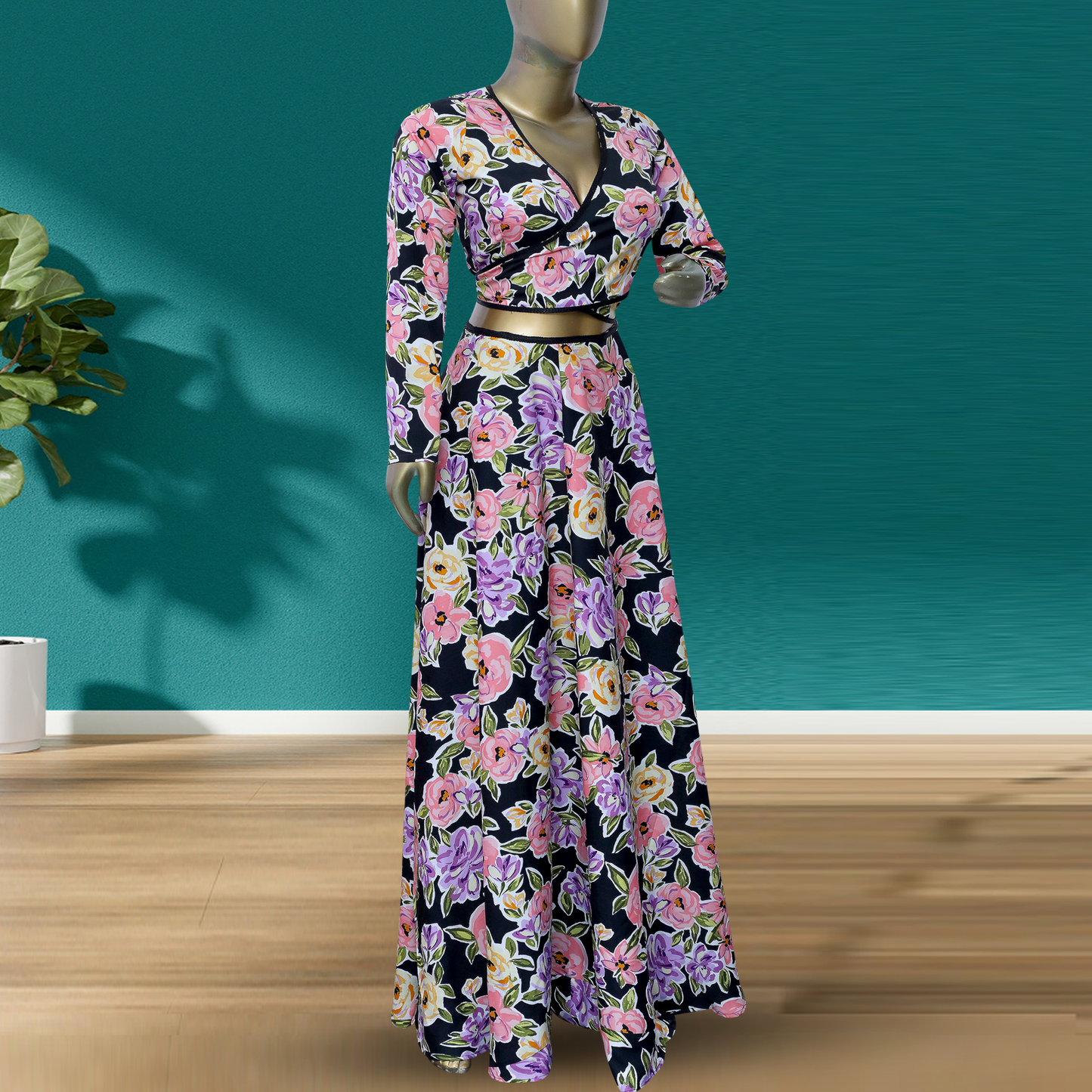 Long sleeves Conservative Dress, Flower Print Frill Dress