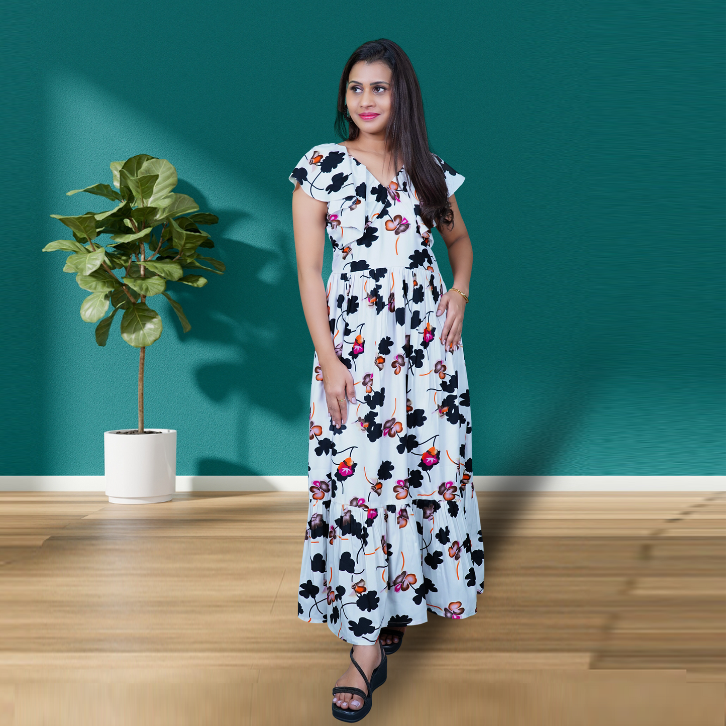 Women White & Black Floral Print Layered Flared Maxi Dress