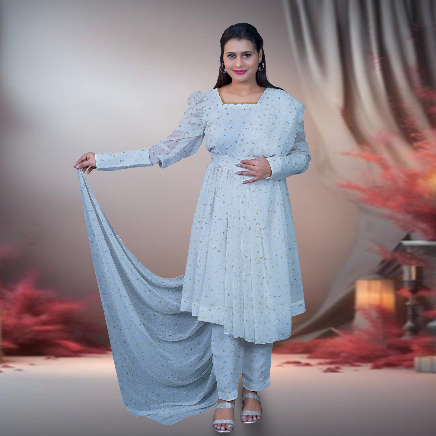 Dusty Sky Blue Women's Kurta Pant Dupatta Set