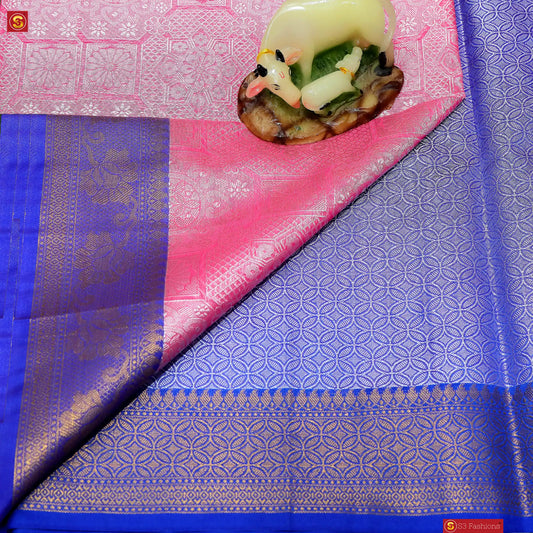 Pink and Blue Border Pure Silk  Saree | Pure Silk Pattu