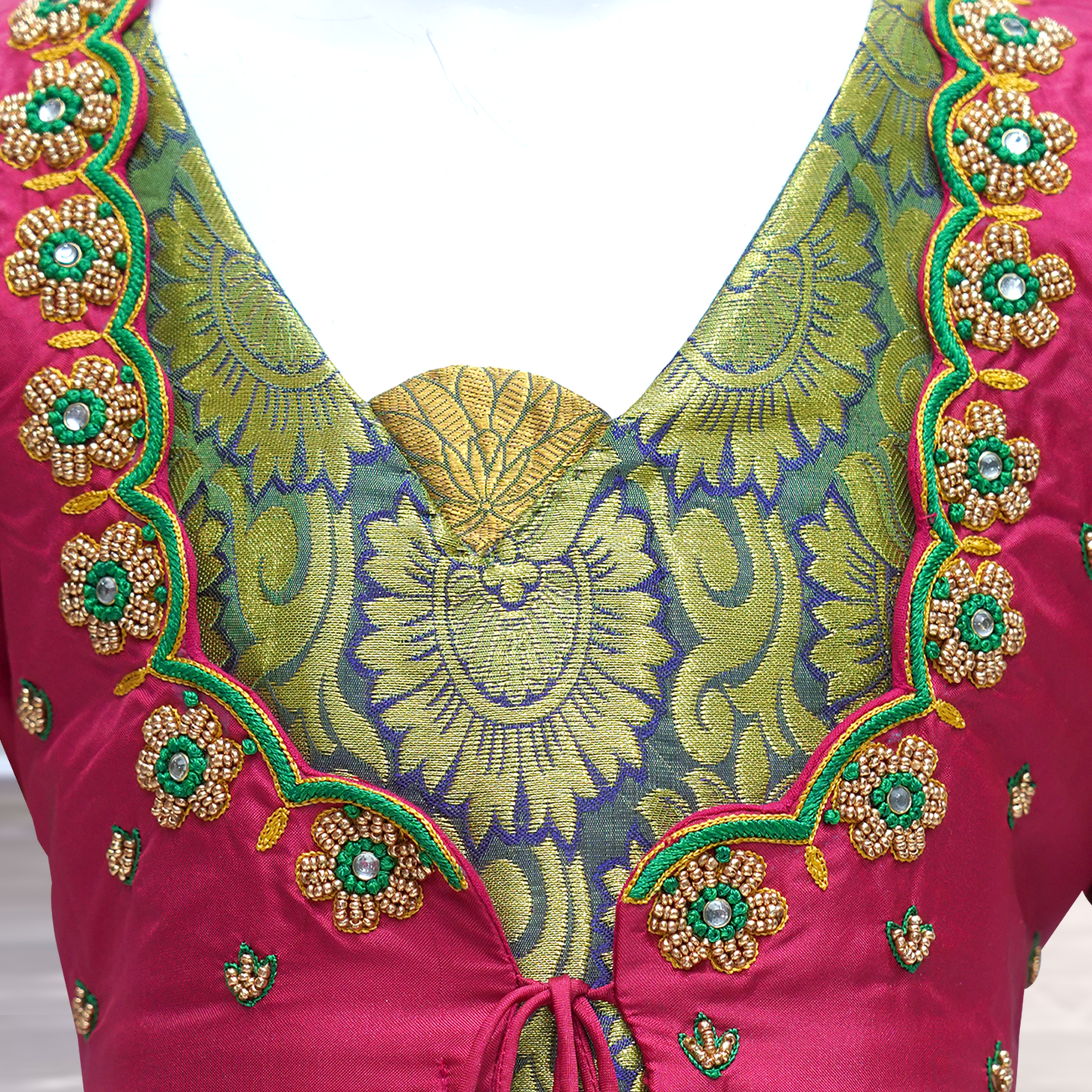 Sisters combo Traditional Silk Pattu Pavadai Set β Green & Gold with Designer Blouse