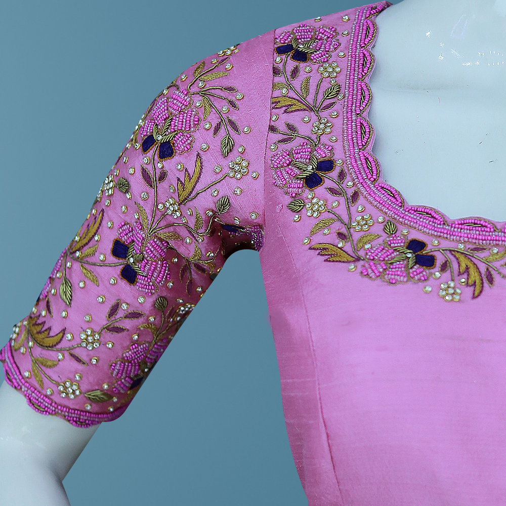 Pink Raw Silk Aari Work Blouse – Handcrafted Bridal Maggam Work Blouse with Scalloped Cut-Out Back