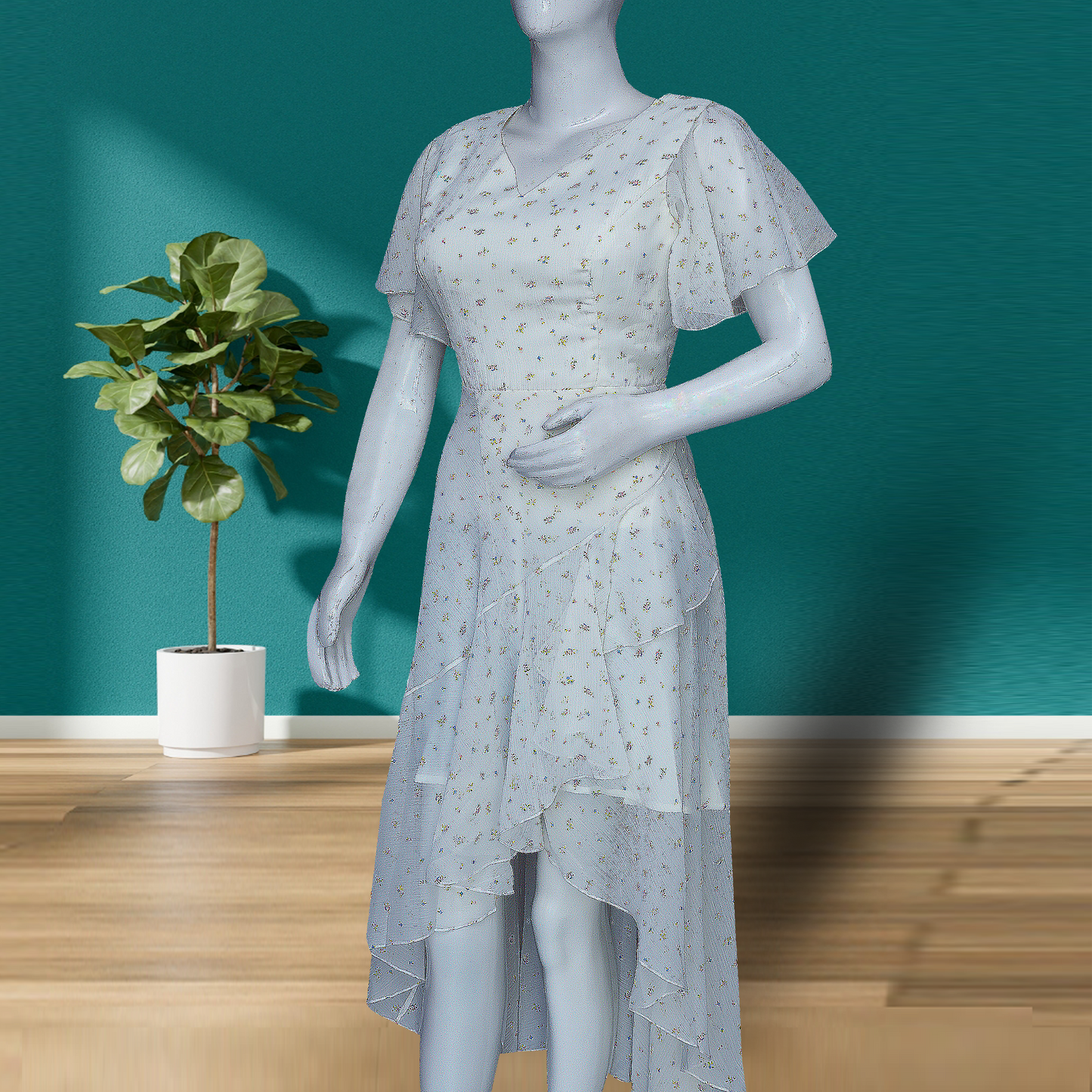 white, high-low dress with short, flutter sleeves and a subtle floral pattern