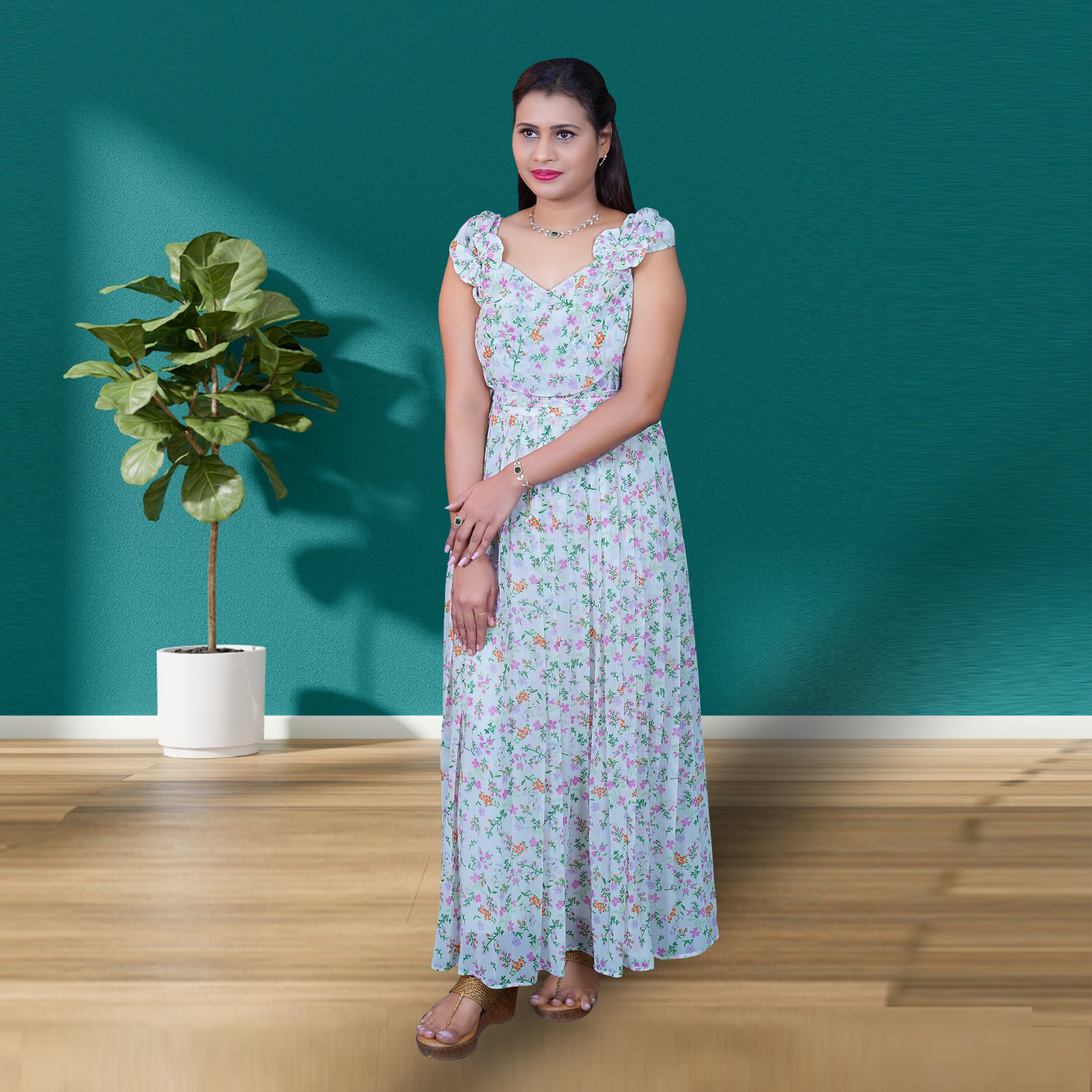 White Georgette Printed Maxi Dress β Elegant & Flowing | S3 Fashions