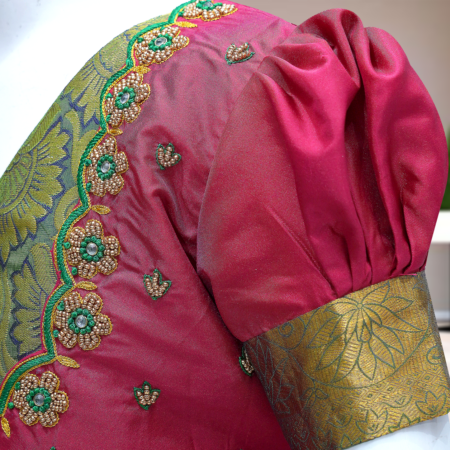 Sisters combo Traditional Silk Pattu Pavadai Set β Green & Gold with Designer Blouse