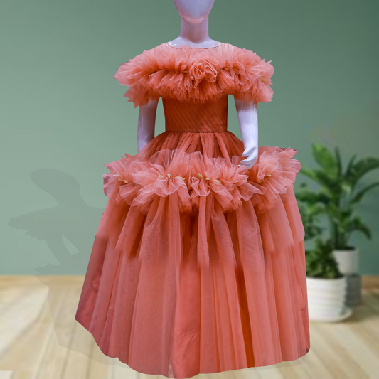Lagorii Elegant Shimmer Peach Net Tailback Ruffle Frock for Girls | Stylish Peach Ruffle Dress for Kids Tailback Frock