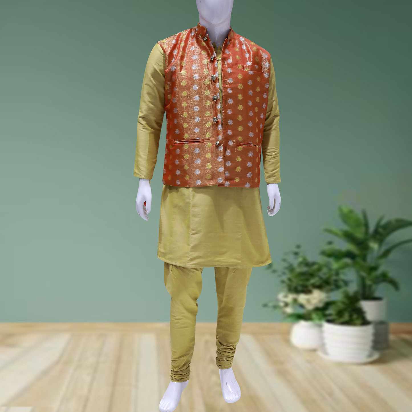 Men Silk Blend Kurta Pant Ethnic Jacket Set