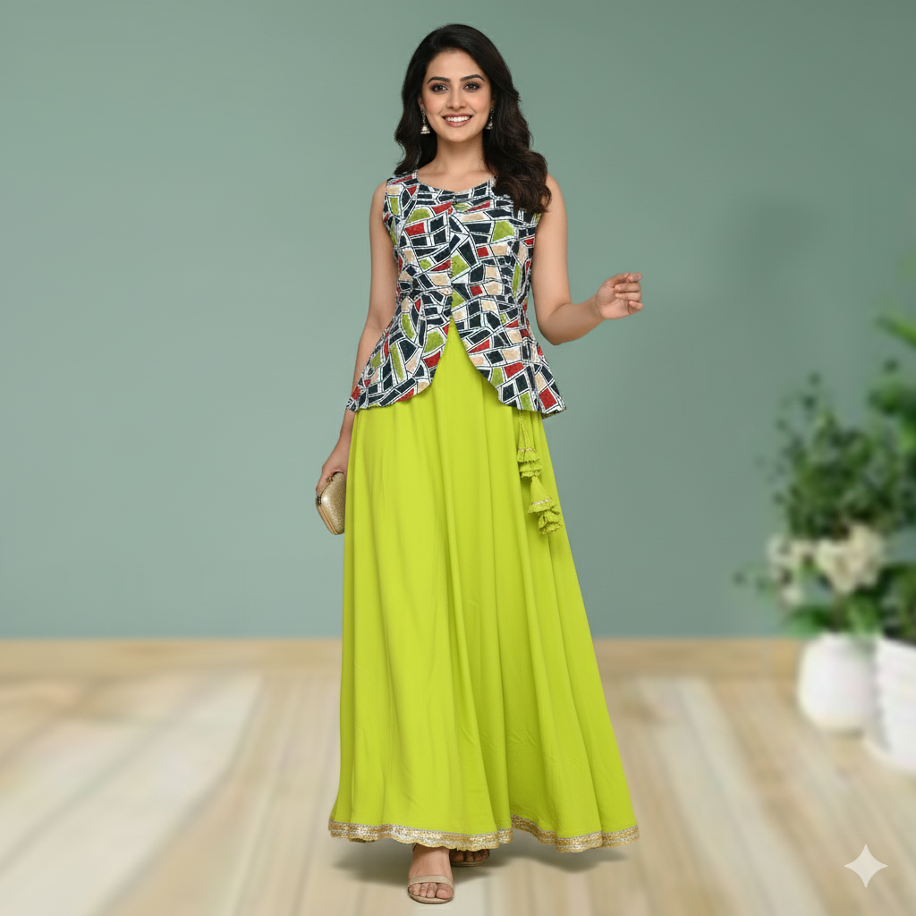 Lime green small family party wear, occasional dress.
