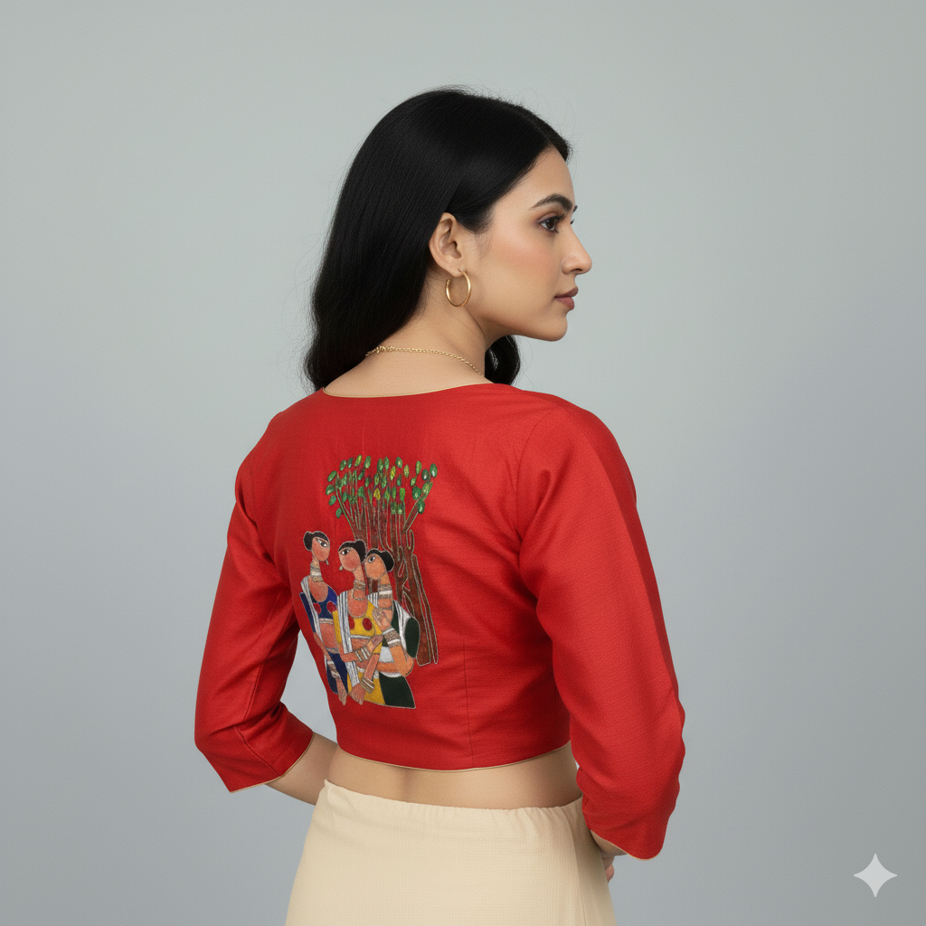 Women's Heritage Painting & Red Maggam Work High Neck Blouse | S3B1178