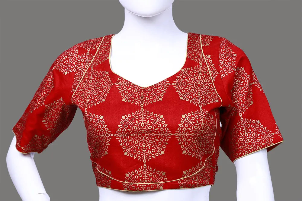 Red Printed Readymade Blouse | Red Printed